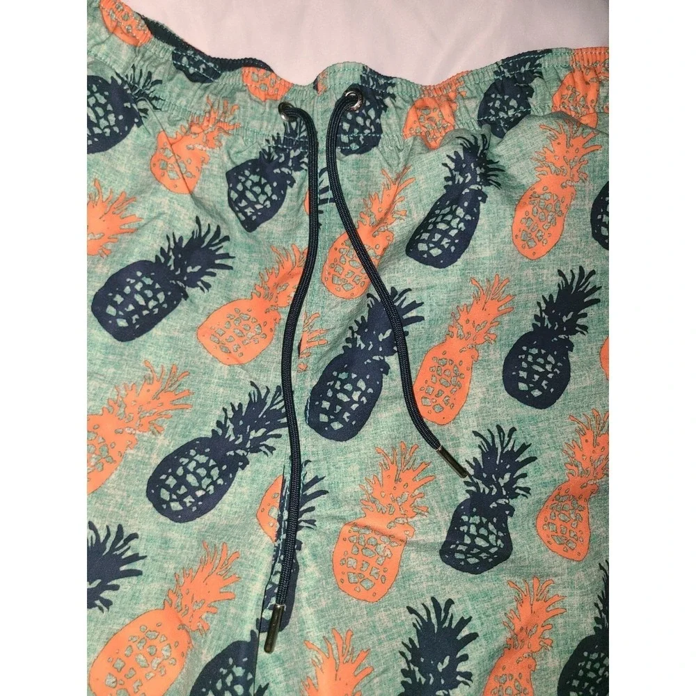 Lands End Swim Trunks Large 36-38 Green Pineapple Print Drawstring Mesh Lined